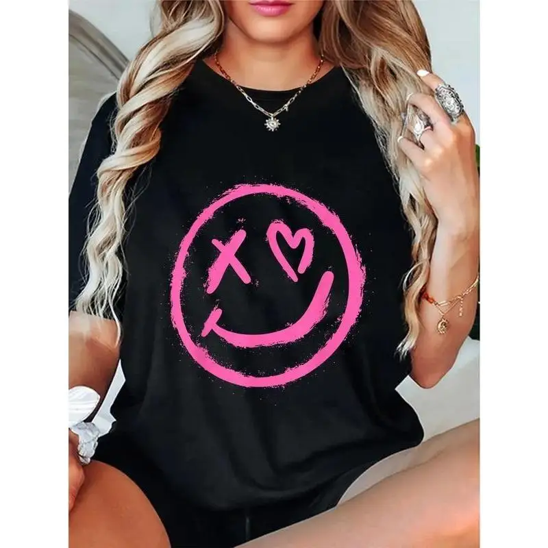 

Funny X Heart Smiley Face T-Shirt, Women's Trendy Grunge Graphic Tee, Cute Y2K Streetwear Top, Pink Love Heart Sarcastic Shirt