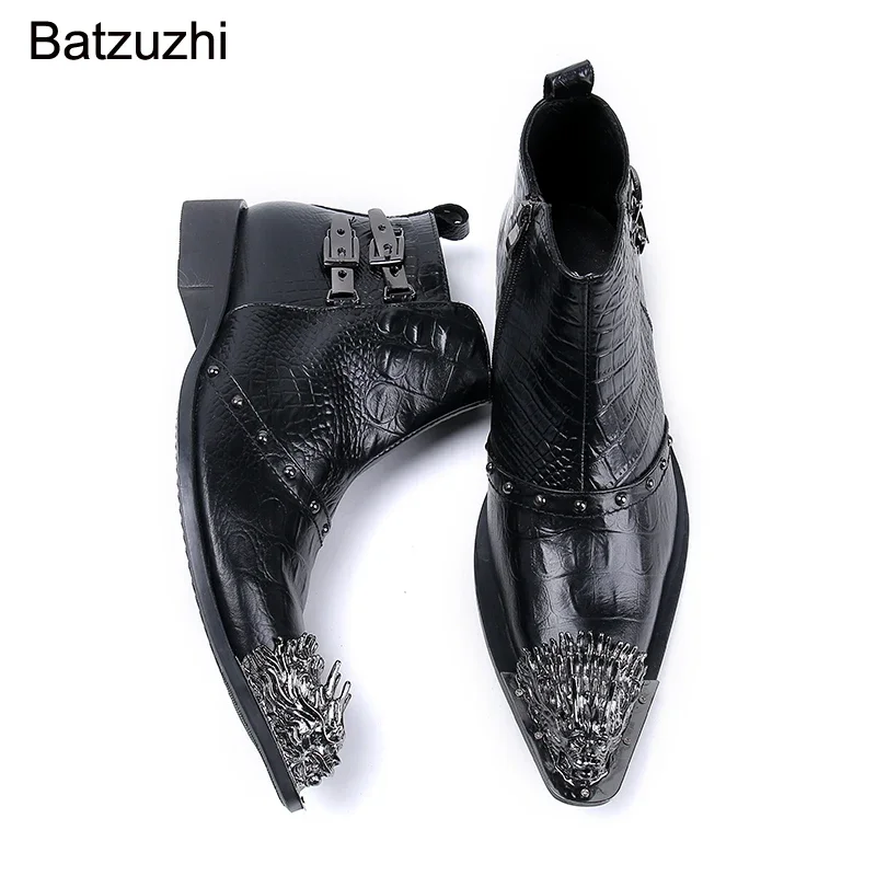 

Batzuzhi, новый дизайн, красные полусапожки из натуральной кожи с золотым металлическим носком, мужские модные мужские ботинки в западном стиле, вечерние ботинки на молнии, Botas Hombre