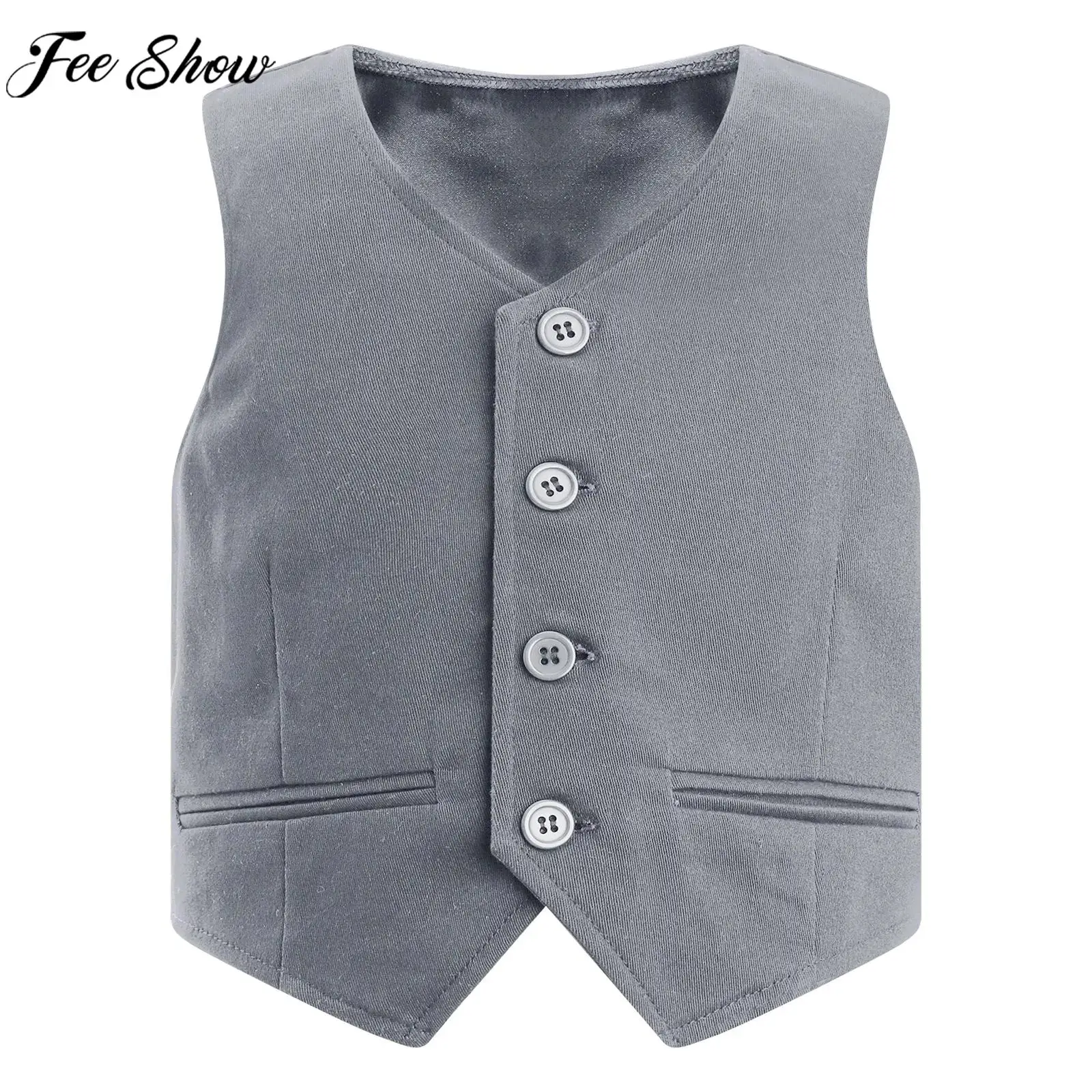 Children Boy Formal Gentlemen Vest V Neck Button Blazer Top Wedding Birthday Party Evening Christmas Stage Performance Waistcoat