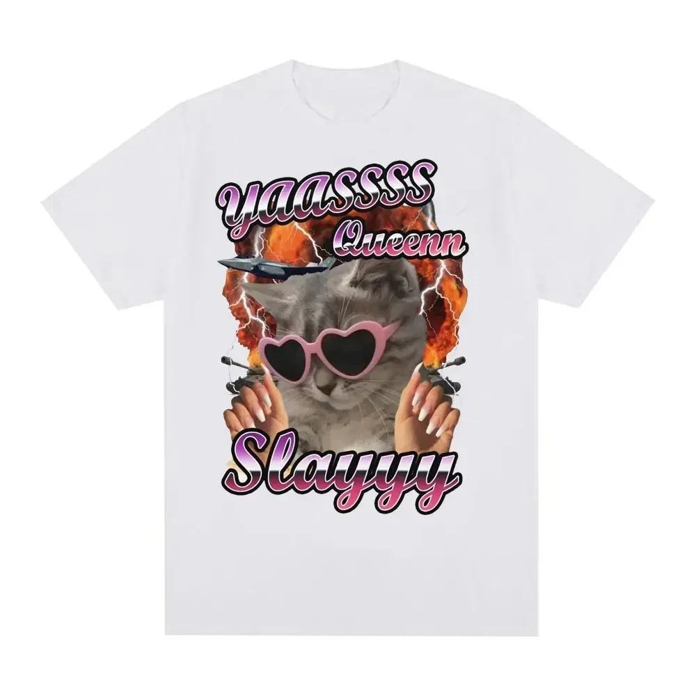 Yas Queen Slay Fun Cat Print T-Shirts Sommer Casual Fashion Lustige Meme Herren Damen Oversized Kurzarm Tops Streetwear T-Shirts