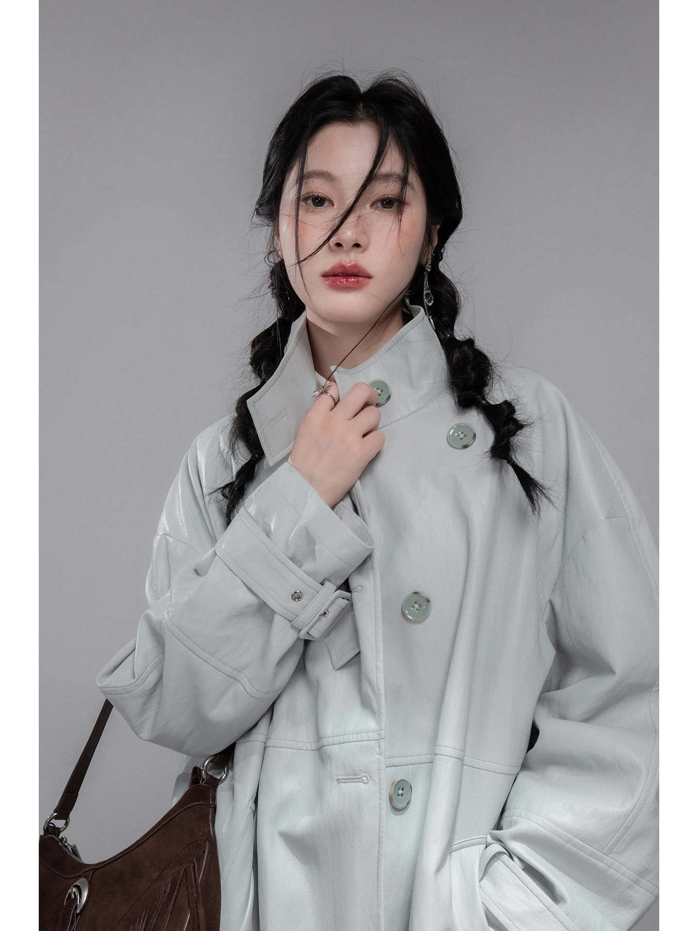 COTRE インテリジェントセンセーション コールドトーン グレーブルー ダブルウェア レザーコート ウィンドブレーカー 通勤スタイル 長袖 レギュラーフィット