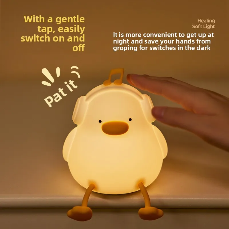 Cute Music Duck Silicone Night Light Touch Tap Bedside 3-Level Dimmable Warm Eye-Protection for Kids Room Decor Gift