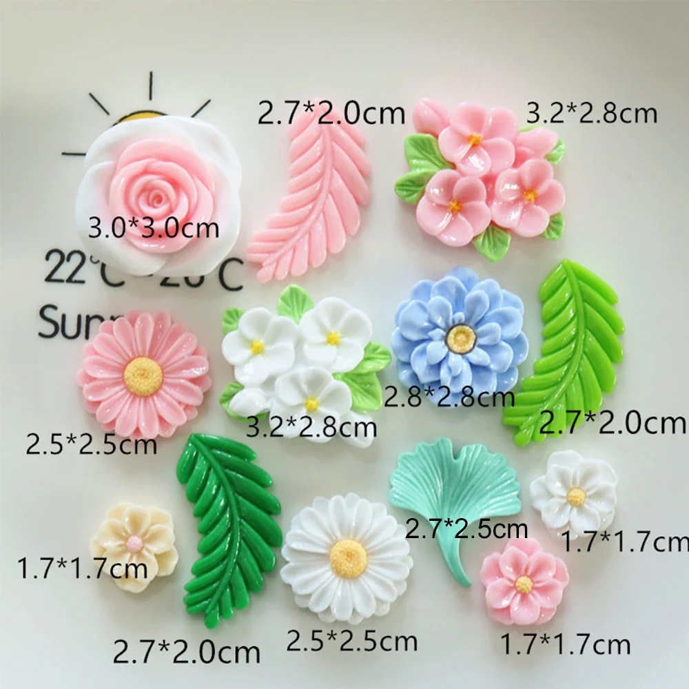 10PCS Shiny Leaves Flowers Series Miniature Flat Back Resin Cabochons For Hairpin Scrapbooking DIY Home Decor Craft Accessories