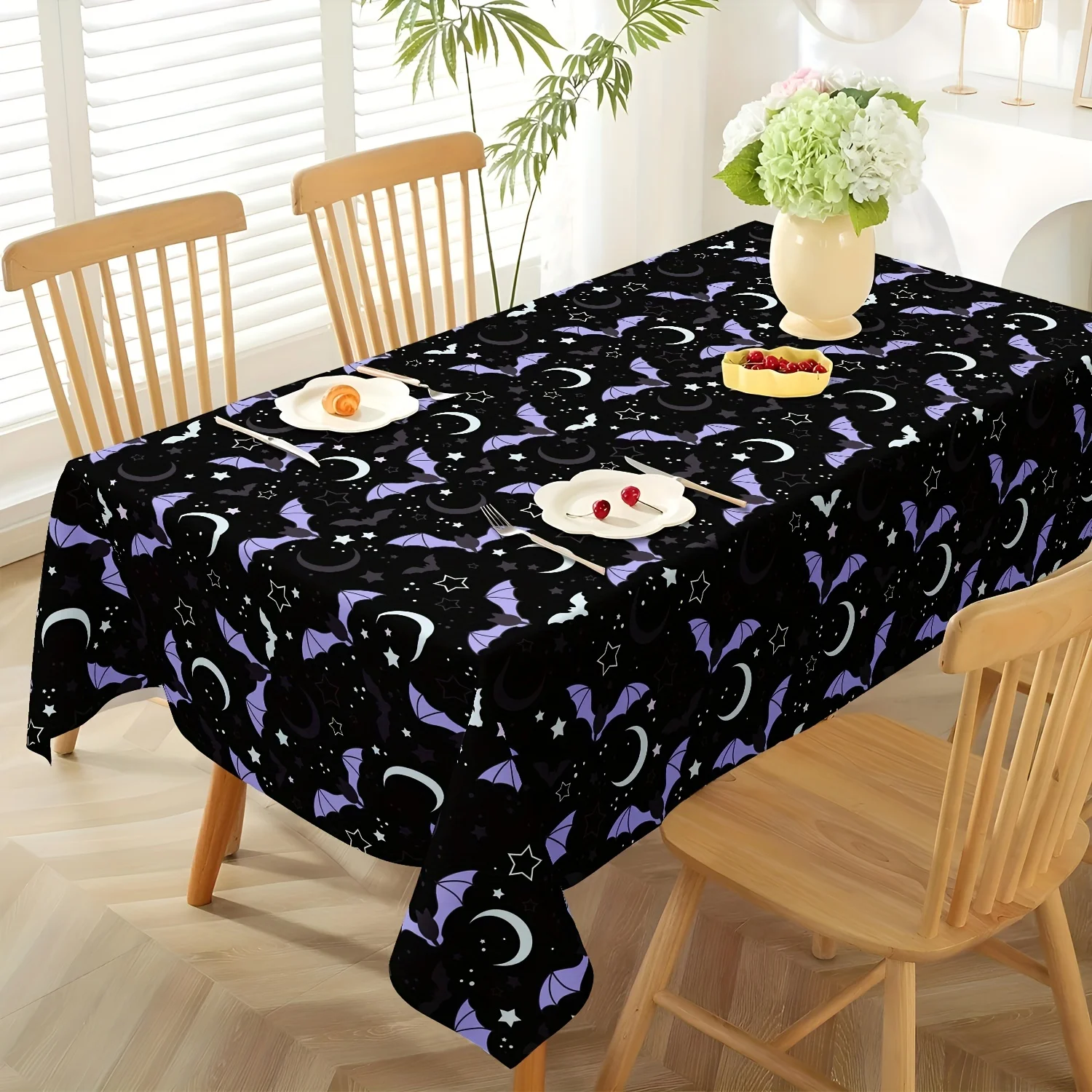 One Halloween tablecloth - Purple, black and white bat, moon and star table decoration.zyc