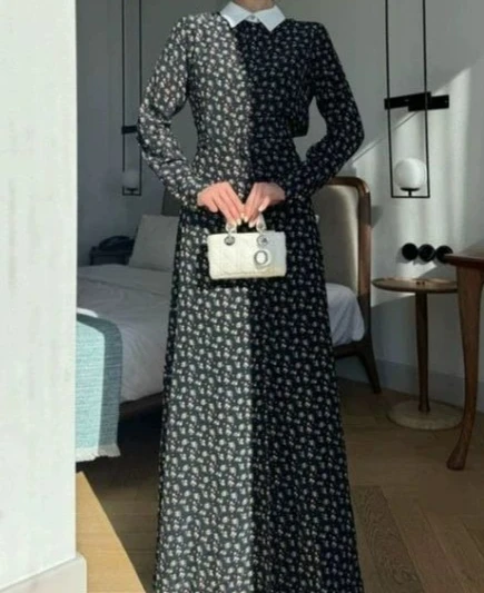 

2025 Autumn New Style Elegant Style Frill Collar Flowy Floral Long Dress
