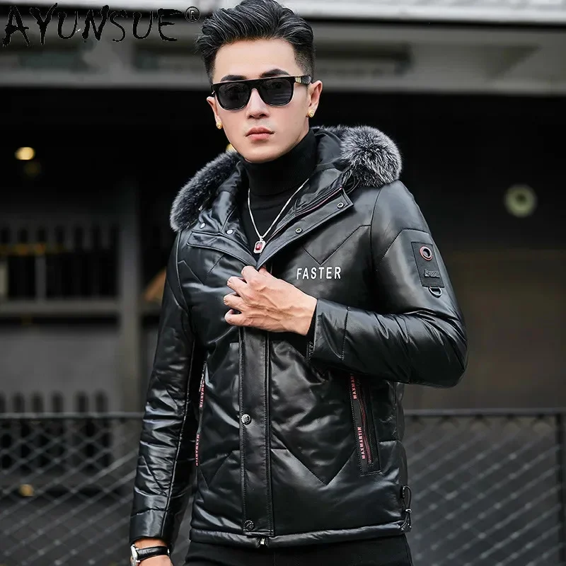 AYUNSUE Down Jacket Men Clothing Winter Coat Real Fox Fur Collar Clothes Hooded 100% Sheepskin Leather Jackets Mens Ropa LXR542