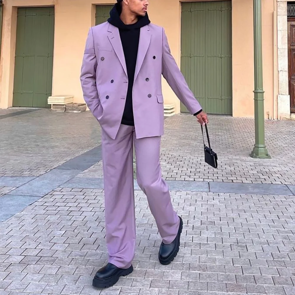 

Purple Notched Lapel Men Suit Two Pieces Blazer Set Double Breasted High Street Casual Party Prom Male Clothing Jacket Pants