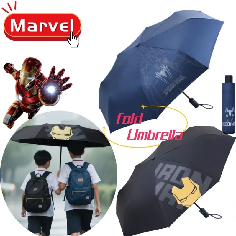 Marvel Spiderman Iron Man Student Regenschirm, vollautomatisch, tragbar, Cartoon, kreativ, modisch, faltbarer Regenschirm, Jungen-Urlaubsgeschenk