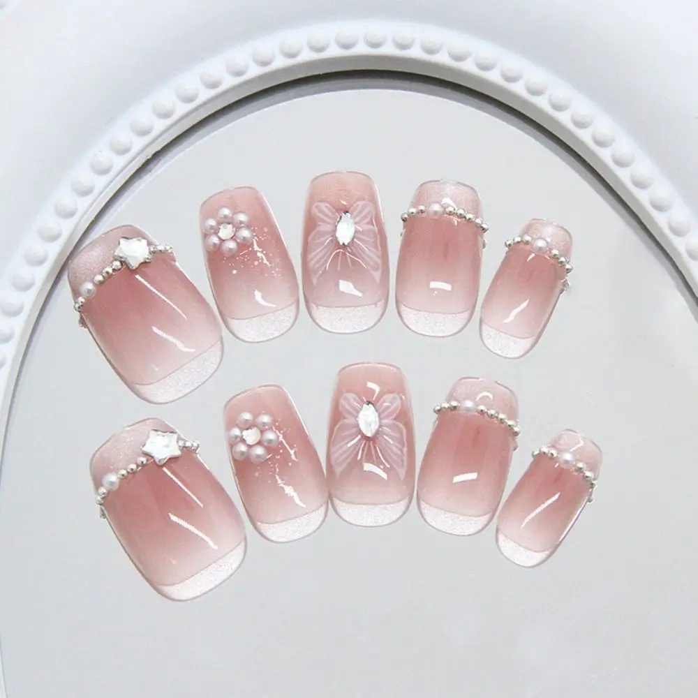 24 pçs manicure quadrado unhas falsas imprensa francesa em unhas brilhando olho de gato pérola corrente estrelas falso nials diy