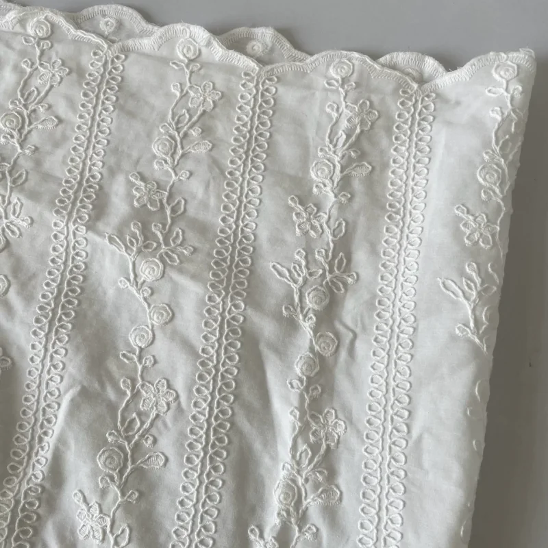 Exquisite white three-dimensional thread flower striped embroidery cotton fabric for handmade clothing DIY