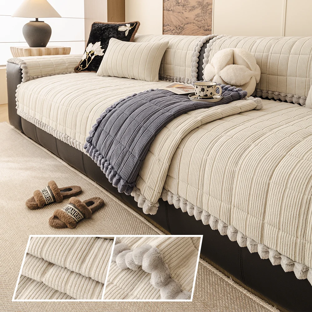Striped Sofa Cushion Soft Comfortable Anti‑Slip Machine Washable Pet‑Friendly Furniture Protector for Home Decor