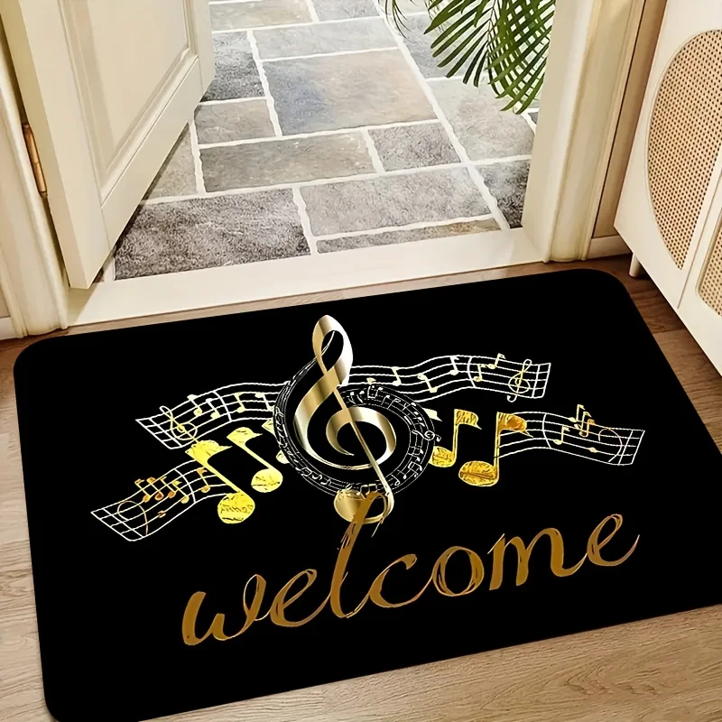 Golden Musical Note Doormat Treble Clef Welcome Floor Mat Non-slip Entryway Rug for Living Room Bedroom Home Decor Carpet