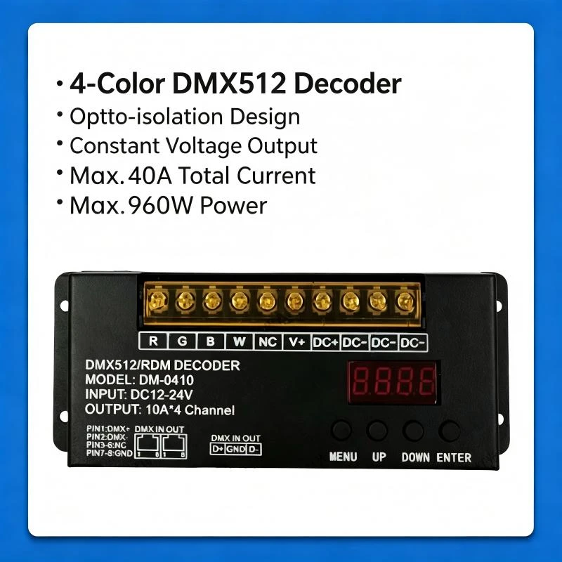 DMX512 RDM RGBW Decoder DM-0410 DC12V 24V 4x10A LED Light Dimmer Digital Address Display For RGBW LED Strip Stage Light