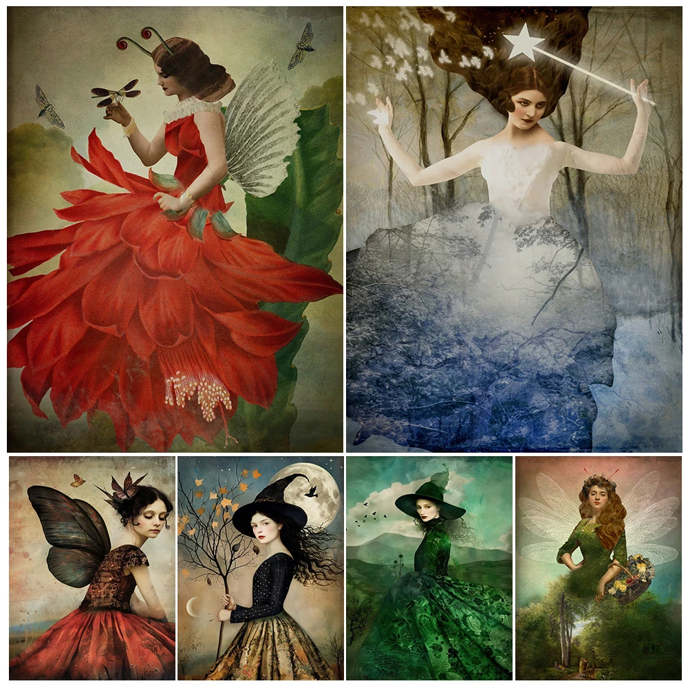 Forest Fairy And Witch Collage Art Poster Print,Fairy Wings And Magic Forest,Surreal Wall Art Canvas Painting,Home Decoration