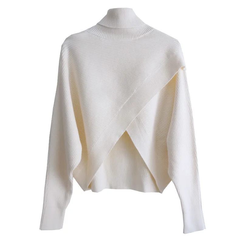 Women Korean Style Cross-front Turtleneck Sweater 2024 Spring Fall Streetwear Knitted Pullover Sweaters Long Sleeve Crop Top