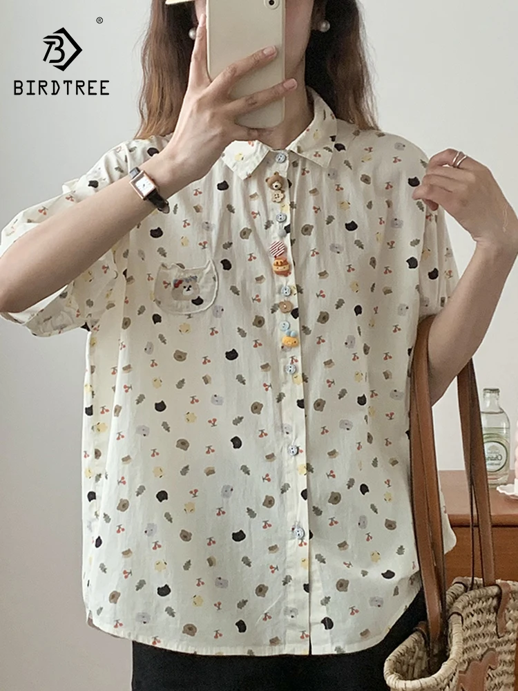 

New 2026 Summer Women Cotton Short Sleeve Shirt, Lapel Cute Buttons Cartoon Print, Mori Girl Fashion Sweet Loose Blouse T65722CC