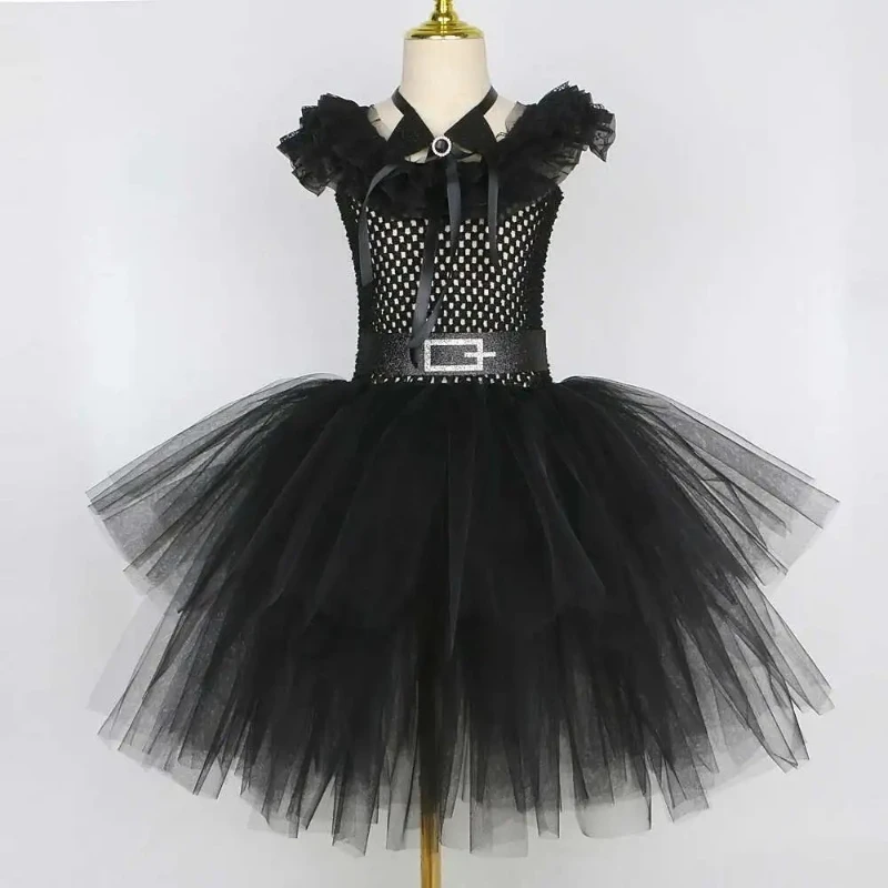 Black Wednesday Party Dresses for Baby Girls Halloween Clothes Kids Addams Layered Dresses with Bowtie Preppy Style Schoolgirl