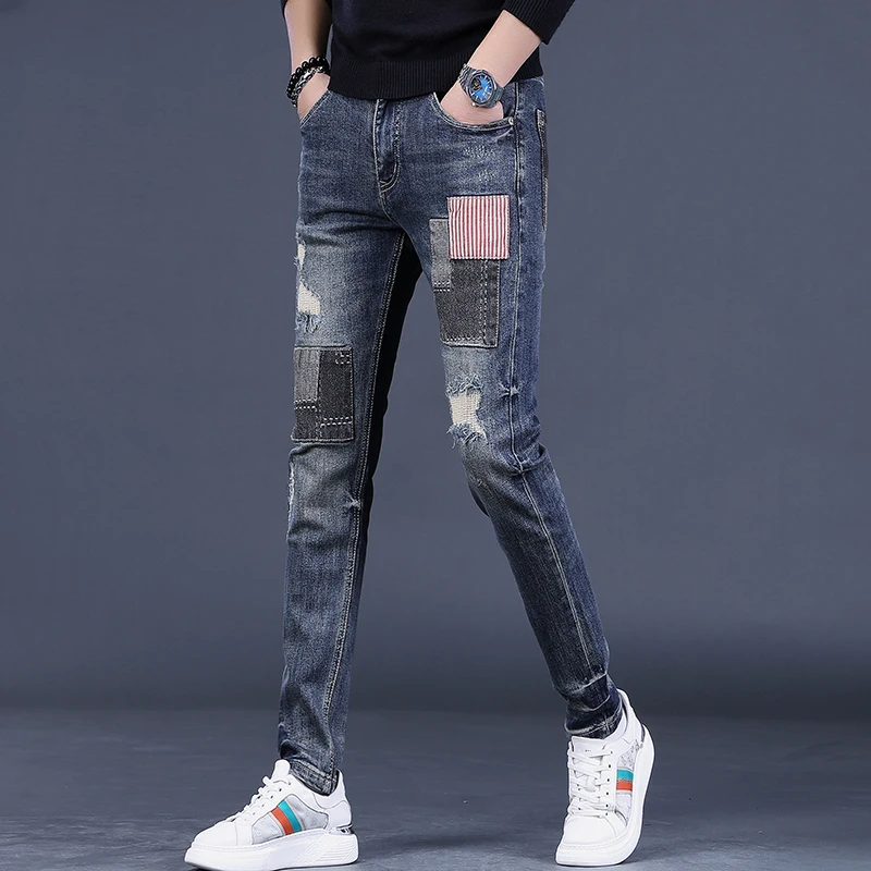 Fashion Ripped Patchwork Jeans Men Casual Blue Slim Fit Straight Pants Streetwear Striped Patch Denim Trousers