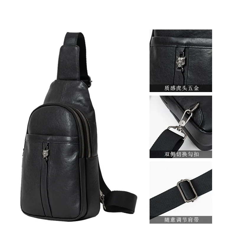 Men's genuine leather simple and high-end chest bag with multiple compartments and large capacity travel crossbody backpack