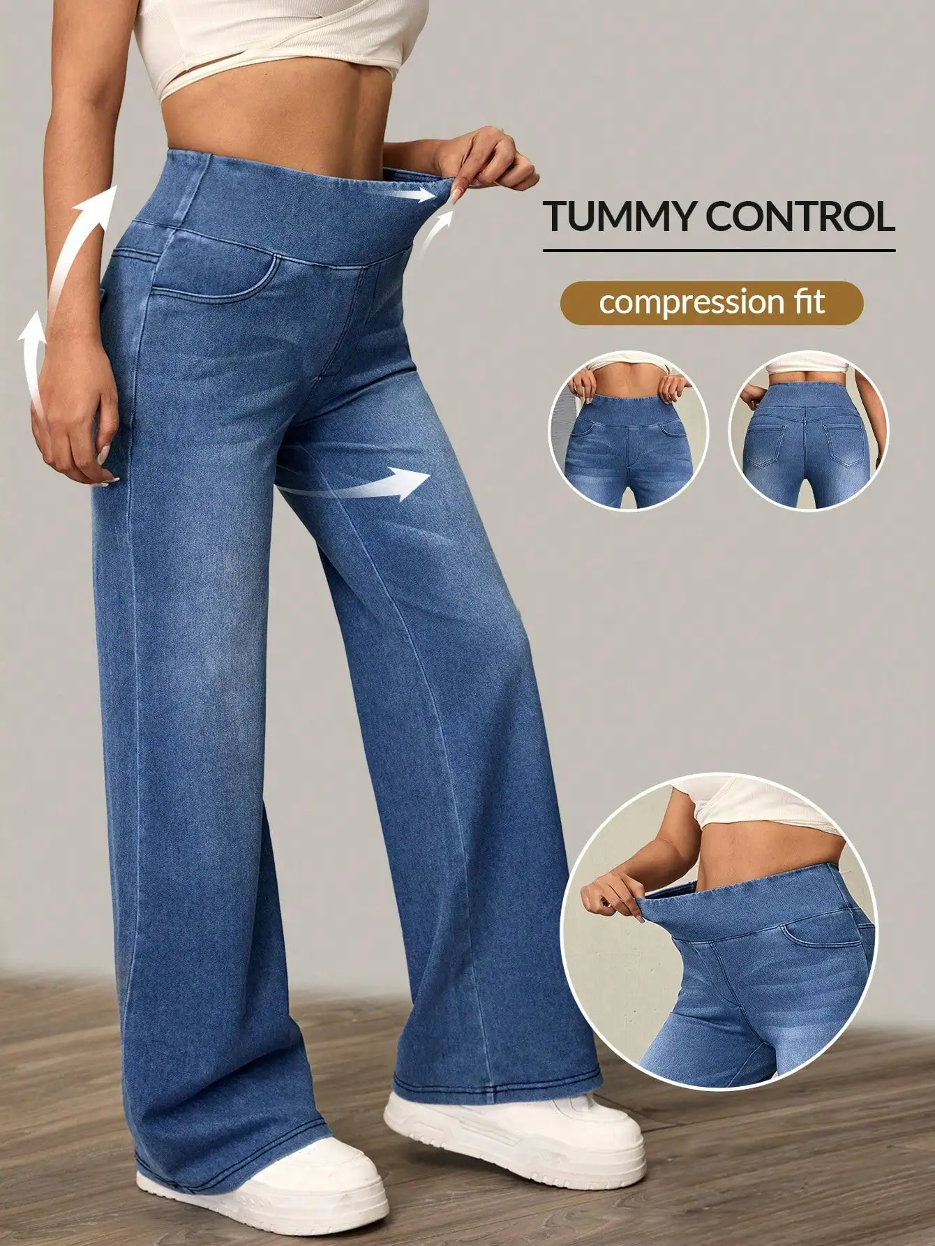 

Женские джинсы с высокой талией и широкими штанинами, с эффектом утягивания живота, повседневные свободные джинсовые брюки