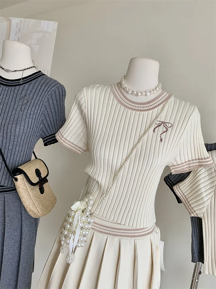 Summer Women 2000s Korean Fashion Vintage Solid Color Knit Suit Outfits 2 Piece Set Short Sleeve Crop Tops + Mini Pleated Skirt