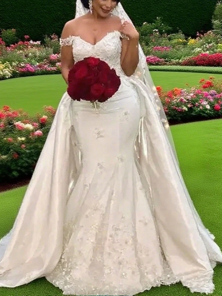 Vestidos de novia elegantes de encaje con cuentas, vestidos de novia de sirena con tren desmontable y hombros descubiertos, vestido de novia de satén personalizado