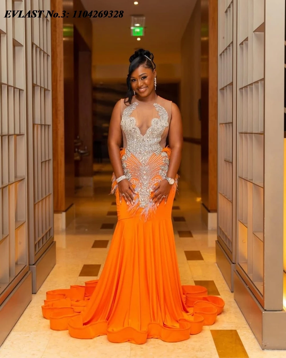 EVLAST Aangepaste Elegante Oranje Zeemeermin Prom Dress Zwarte Meisjes Zilveren Diamant Kristal Kralen Formele Avond Party Gown E3P162