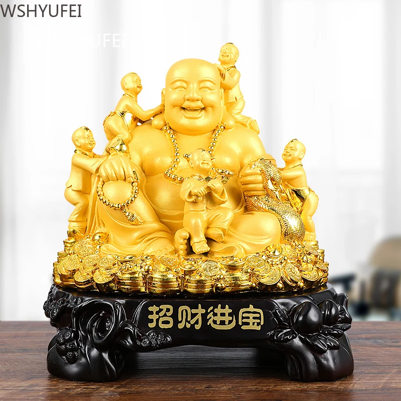 Golden Maitreya Buddha Big Belly Laughing Fortune Ornament Buddha statue enshrined decoration Buddha Hall Desktop Crafts