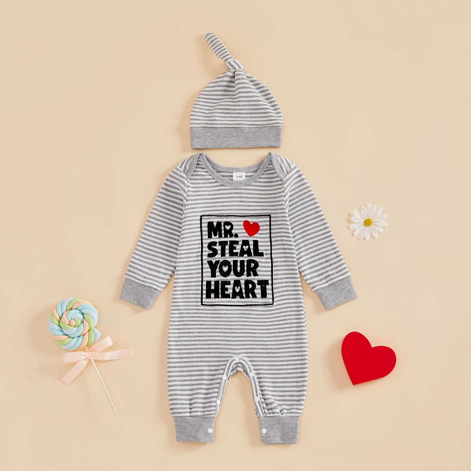 Baby Boys Jumpsuit Set Long Sleeve Crew Neck Stripes Letters Romper with Hat Valentine’s Day Outfit