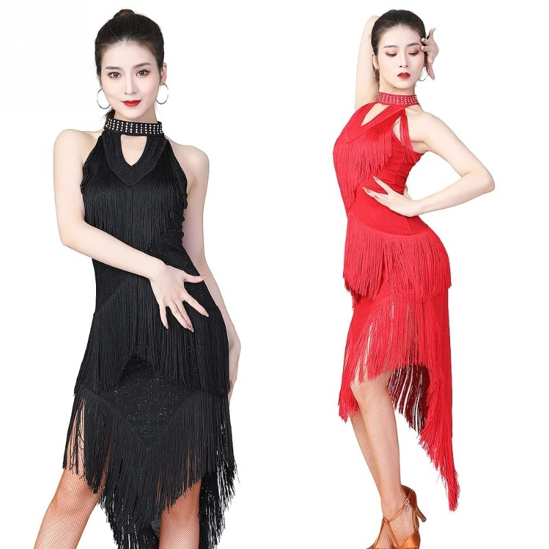 Mulheres adultas tango latino dança competição traje lantejoulas sexy multi-cor verão irregular franja vestidos de desempenho