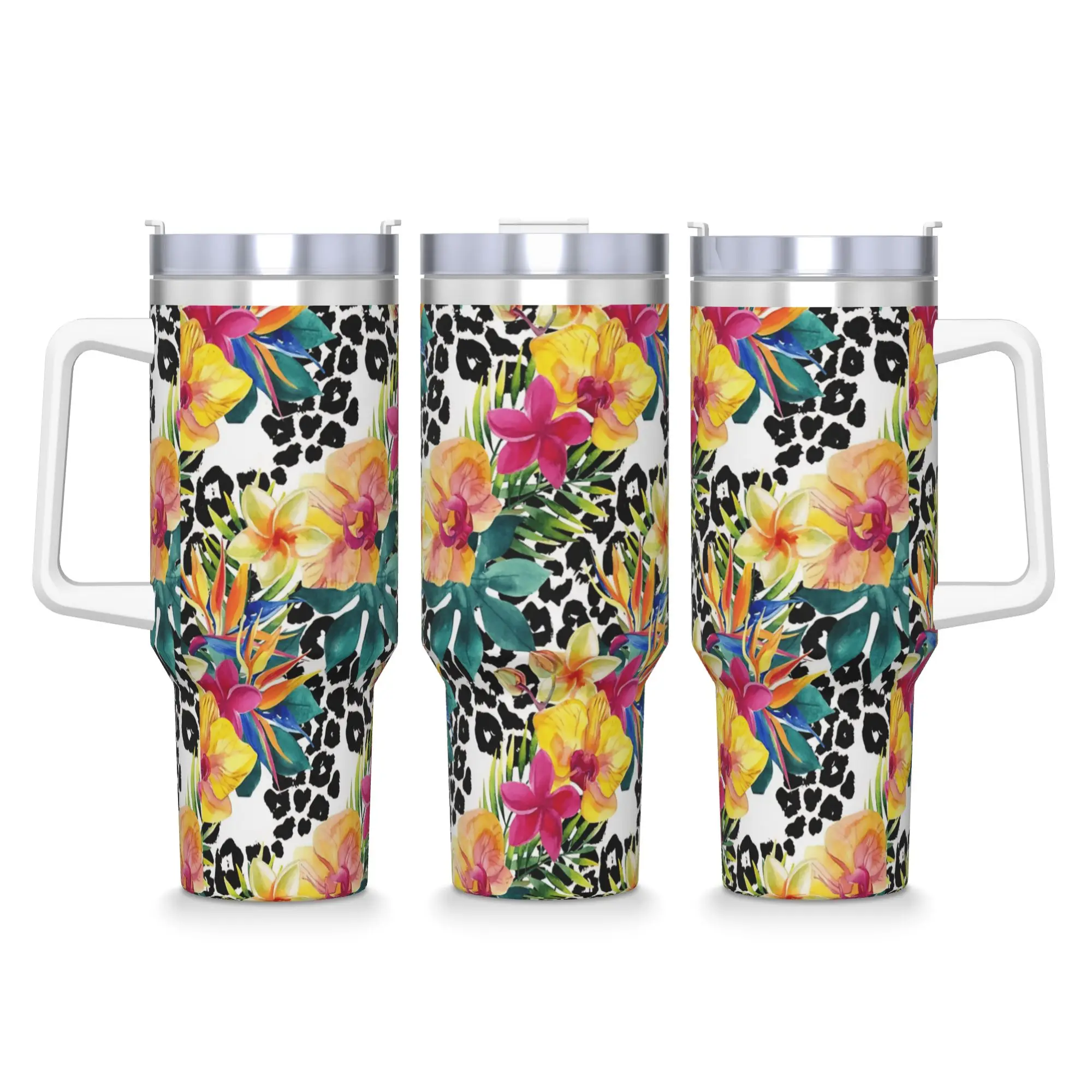 Leopard & Tropical Floral Stainless Steel Tumbler  Travel Thermal Cups With Straws and Lid Large Capacity Water Bottle