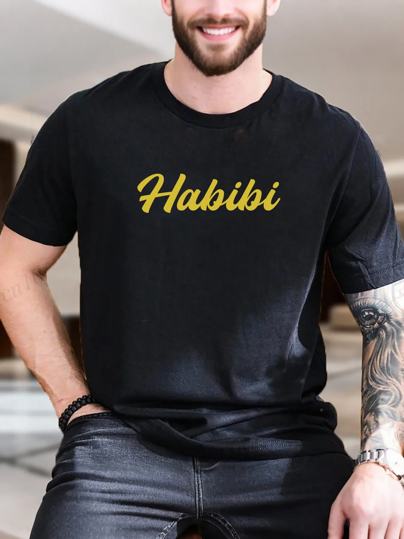 

Men's Printed Short Sleeve T-Shirt - Yellow Solid Color with White Border Trendy Design, 100% Cotton Casual Comfortable Tee, Basic