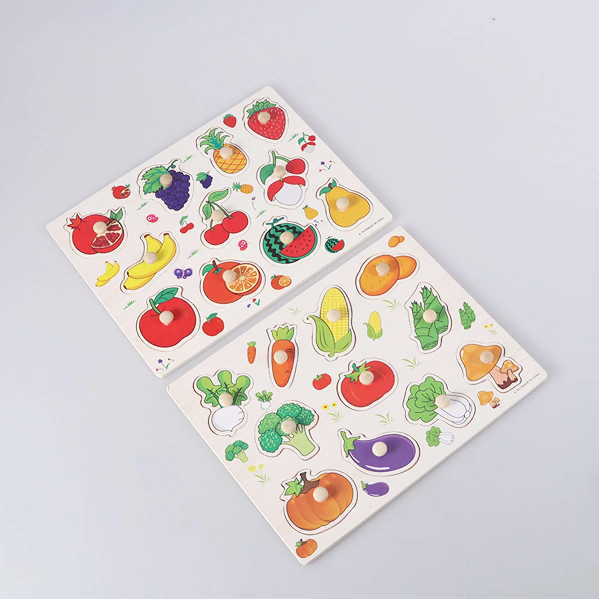 2Pcs Hand Grasp Peg Puzzle Wooden Fruit Vegetable Preschool Educational Early Learning Peg Puzzles for Toddlers