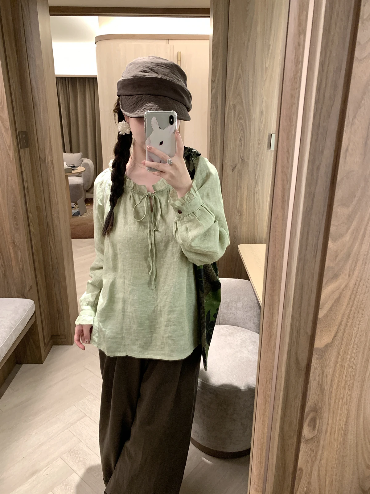 

Льняная блузка LL Linen een Melon Seed с длинными рукавами, свободного кроя, с завязками на шее, дышащая, влагоотводящая, повседневная, женская.