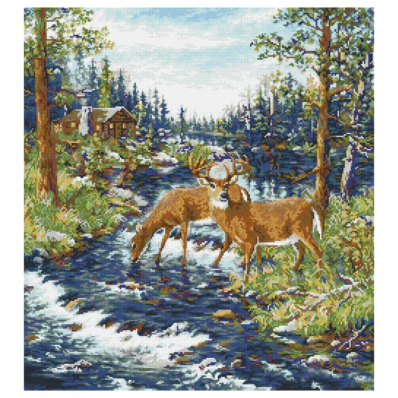 Amishop Counted Cross Stitch Kit, Quiet Morning, Deer by the Creek, Forest Scenery, Embroidery, Home Decorate, Luca-S B606