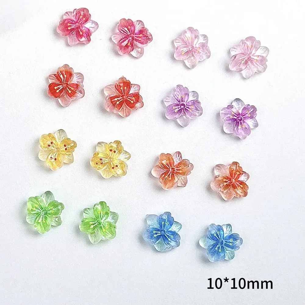 100PC 3D Mixed Gradient Flowers Nail Rhinestones 10mm Ice Translucent Cherry Blossom Nail Charms Resin Colorful Floral Nail Part