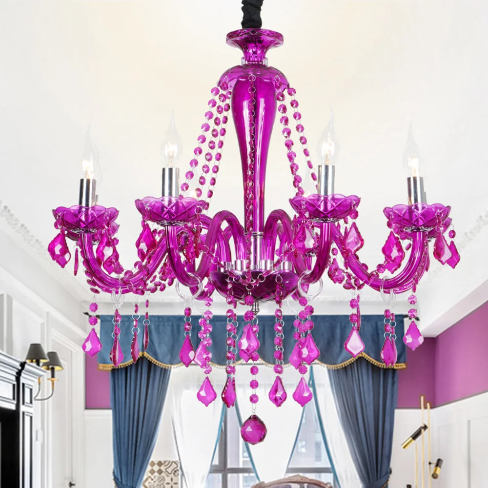 Modern Luxury Purple Glass Candle Chandelier 6 8 10 12 15 18 Lights Baroque Pendant Lamp with Elegant Fabric Shade for Home