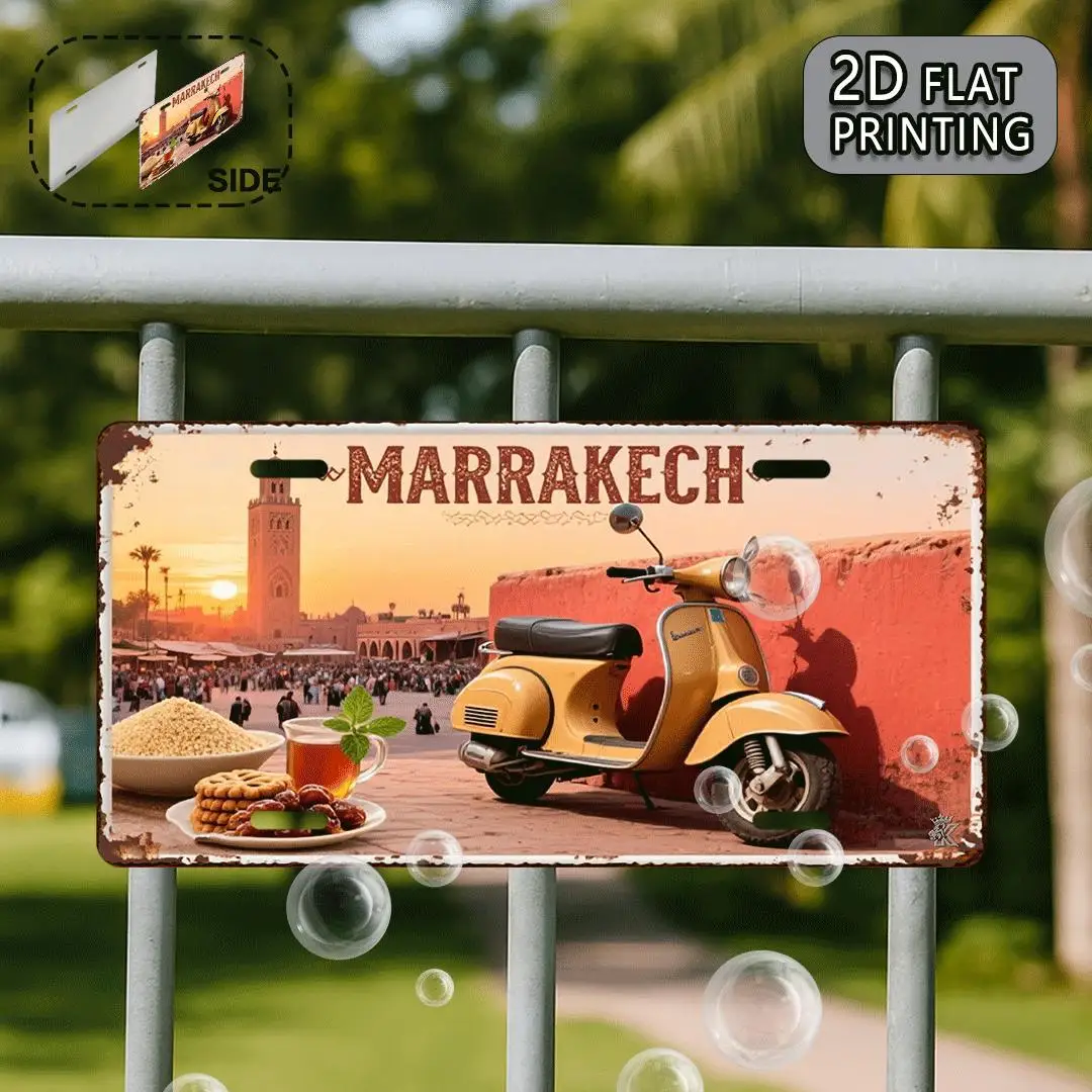 Marrakech Morocco Vintage Rustic 2D Flat Printed License Plate Aluminum Metal Painting High Definition Clear Print Bend Resistan view 4