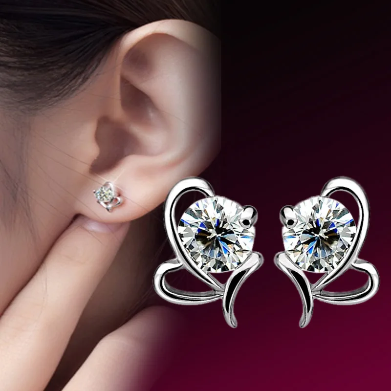 S925 sterling silver stud earrings, bow heart-shaped water language stud earrings, women's high-end ear jewelry