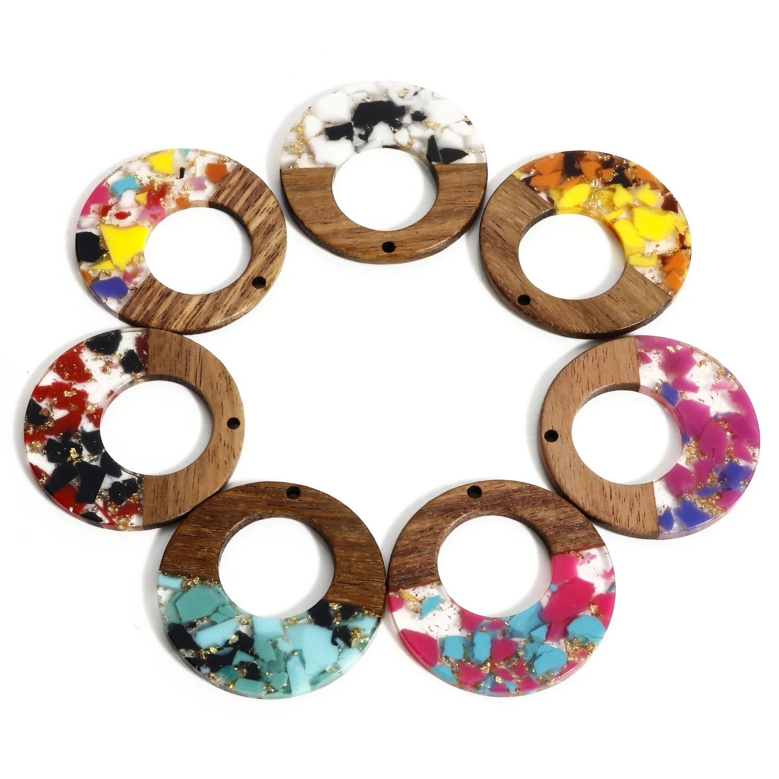 2Piece Vintage Wooden Charms Round Hollow Wood Splicing Resin Pendant For Jewelry Making Diy Women Earrings Necklace 3.8cm Dia.