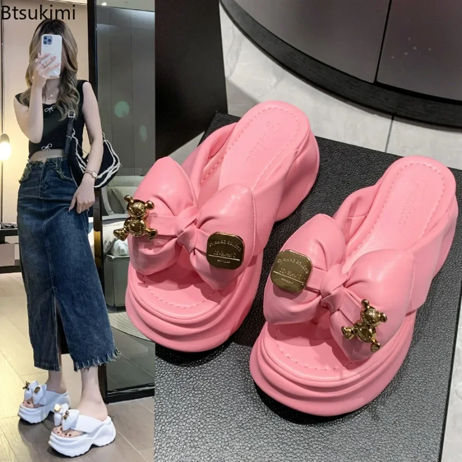 New Women\'s Summer Cute Pink Slippers Thick Sole Shoes Casual Platform Beach Flip Flops Leisure Bow Tie Sandals Sneakers Woman