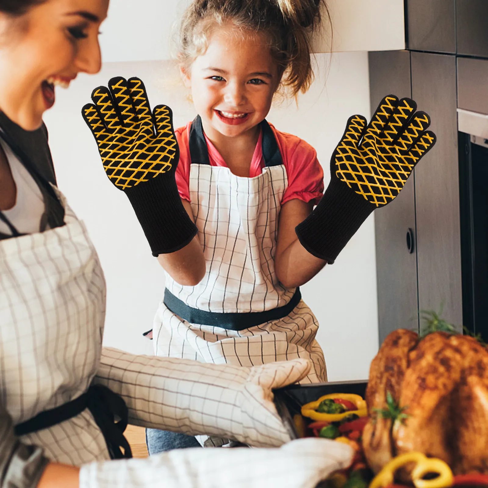 1Pair Silicone Insulated Oven Mitts Heat Resistant Bbq Gloves Flame Retardant for Grilling Baking Microwave Campfire Cooking Non