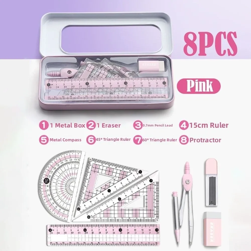 8PCS Multifunctional Compass and Ruler Sets Protractor Straight Ruler Measuring Ruler Suit Triangle Ruler Student Ruler Set
