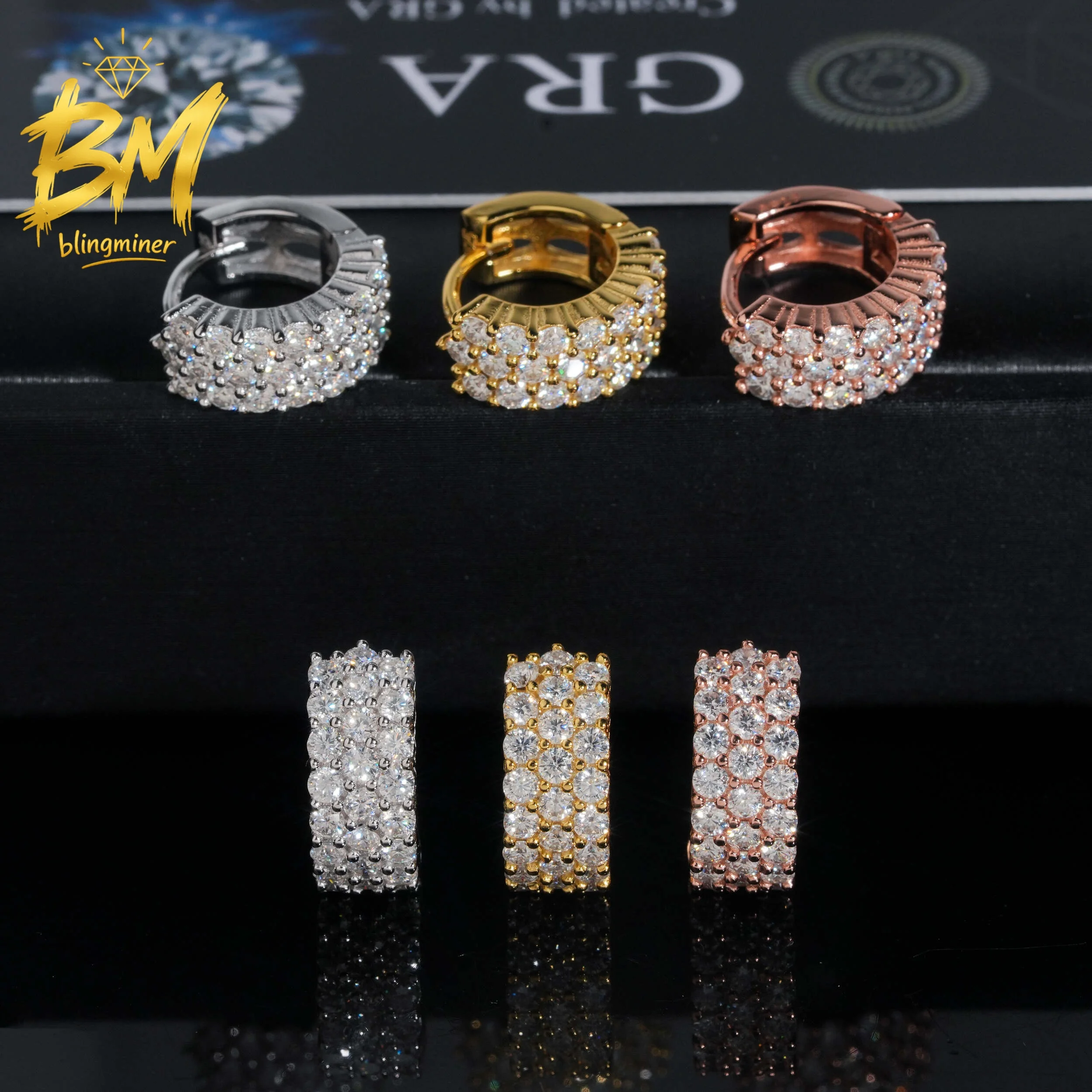 Blingminer 3Rows Hoop S925 Silver VVS Moissanite Earrings For Men Women Ear Studs Jewelry Pass Diamonds Tester GRA Free Shipping
