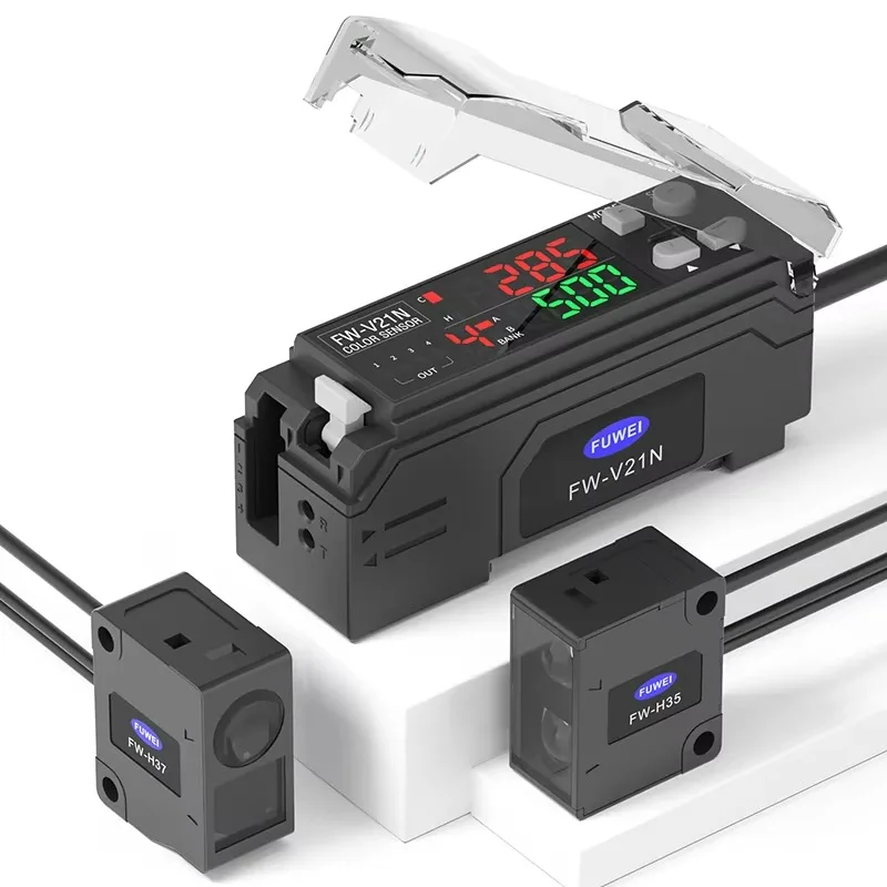 FW-V21N Color Detection Photoelectric Sensor Coaxial Probe RGB Light Source Color Sensor PNP/NPN Output 24VDC Clip-on