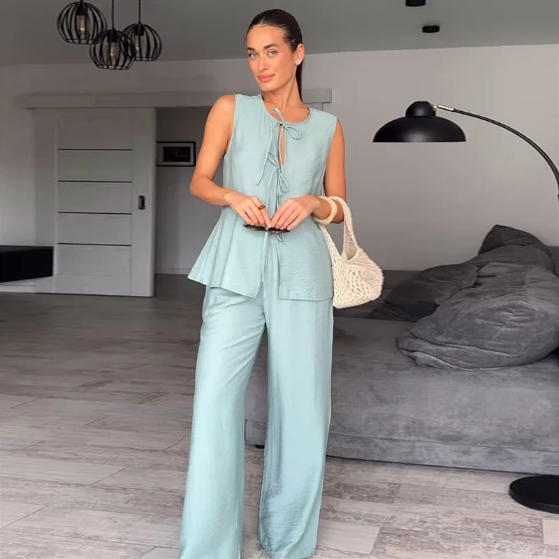 

Summer 2025 New Temperament Round Neck Lace Sleeveless Top Wide Leg Trousers Casual Suit
