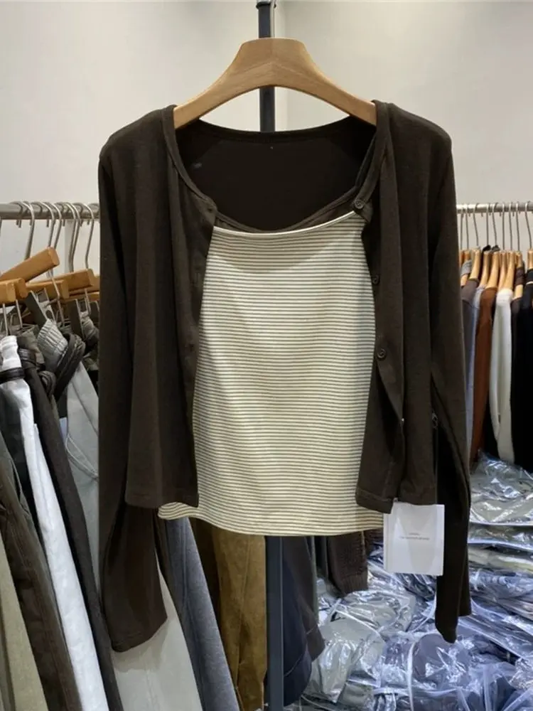 plus Size Korean Style Long Sleeve Open Cardigan Striped Tank Top Two Piece Set Women's Fashion Slimming Versatile Small Size