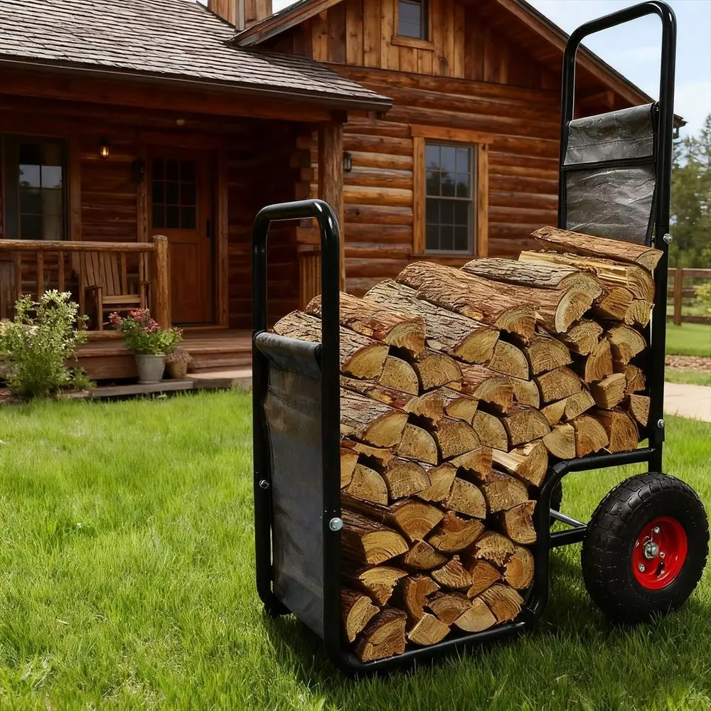 Chariot à bois de chauffage robuste d'une capacité de 220 lb, pneus pneumatiques, idéal pour les cheminées extérieures