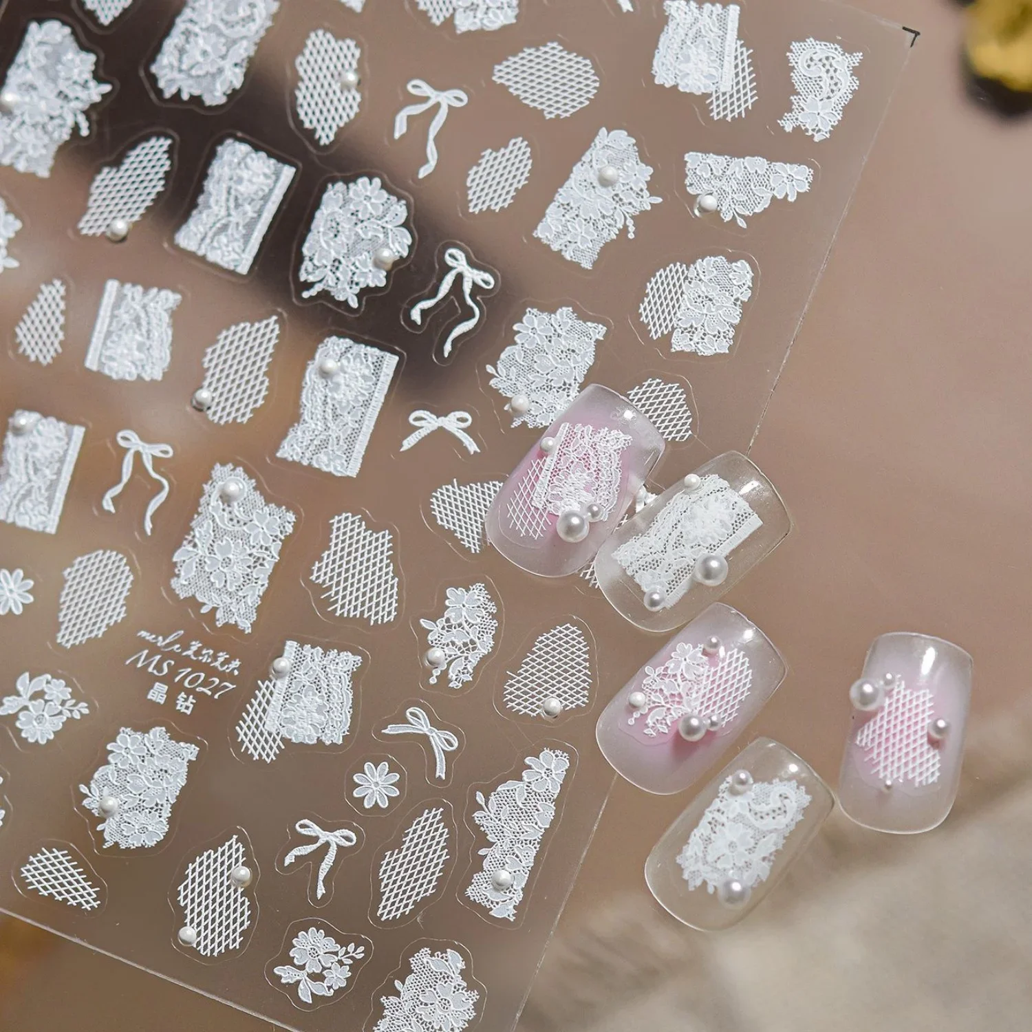 5D French Lace Nail Stickers Uneven Lace Fragment Grid Floral Ribbon Bow Pearl Delicate Self Adhesive Nail Decals Accessories