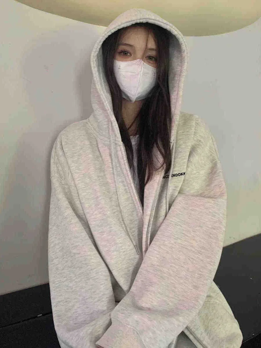 Sweat à capuche doublé grande taille ey Fce pour femme, vêtement d'extérieur décontracté, haut américain rétro paresseux, automne hiver